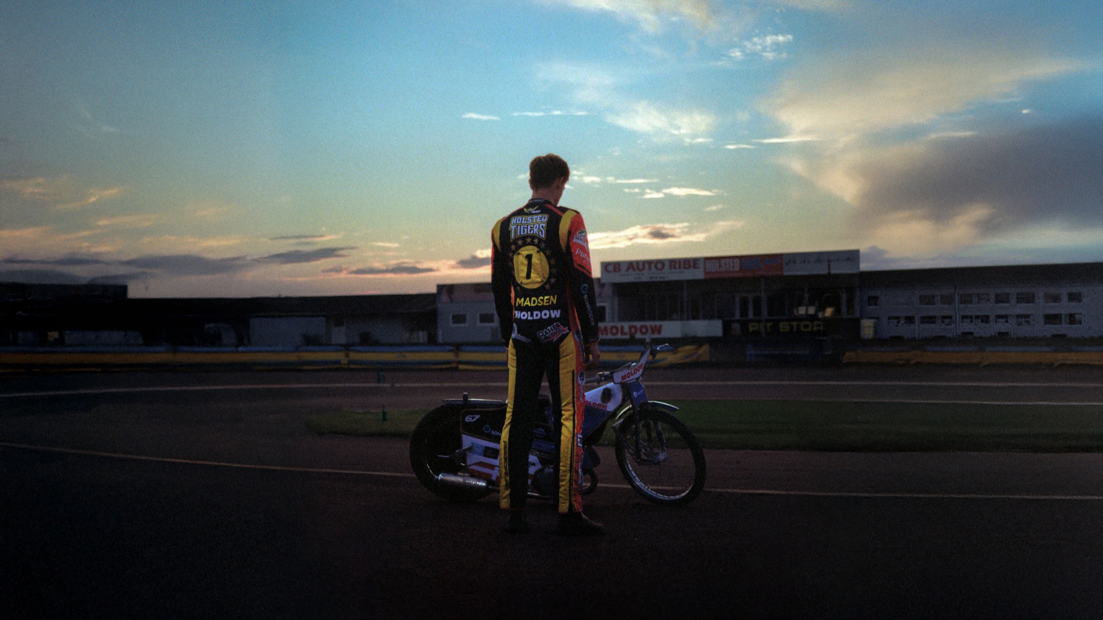 A speedway rider photographed on analog film